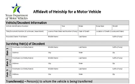 Affidavit of heirship for a motor vehicle