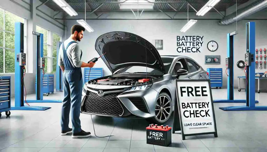 Driver checking car battery before road trip