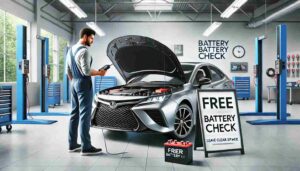 Driver checking car battery before road trip