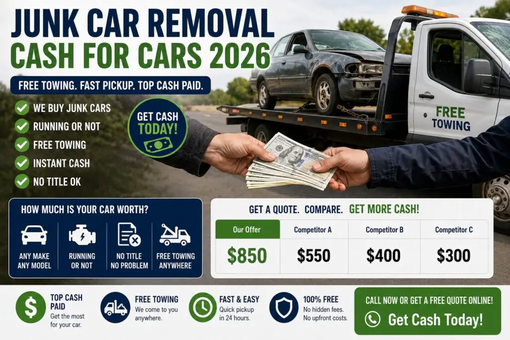 junk car removal cash for cars 2026 free towing how much worth