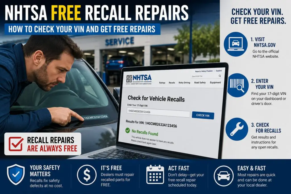 NHTSA free recall repairs how to check vehicle VIN get free repairs